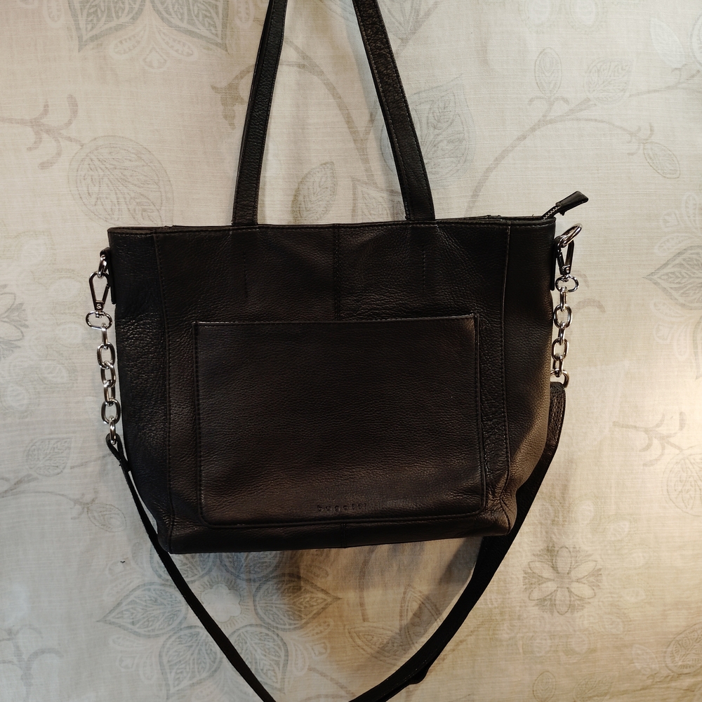 Bugatti Black Leather Crossbody Bag With Leather And Chain Strap